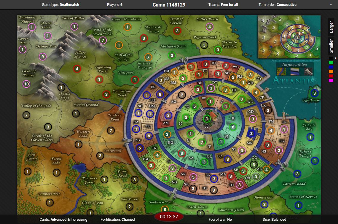 Screenshot of a dominating12 risk game on the atlantis map