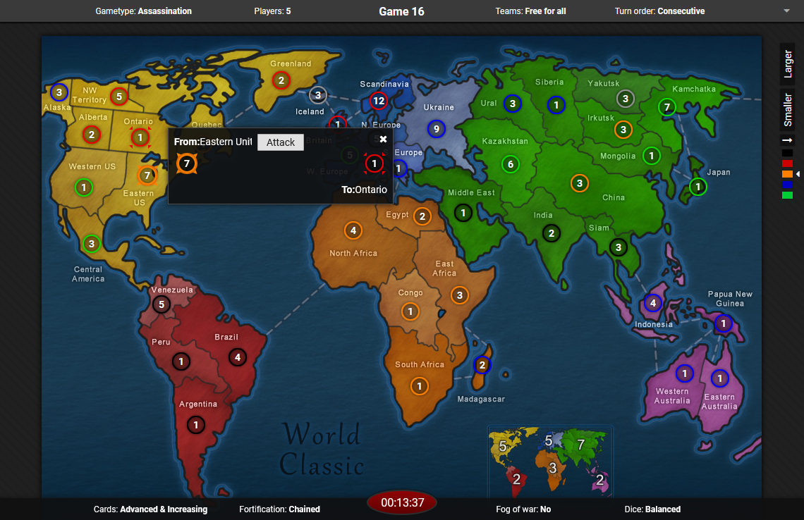 Screenshot of a dominating12 risk game on the classic map